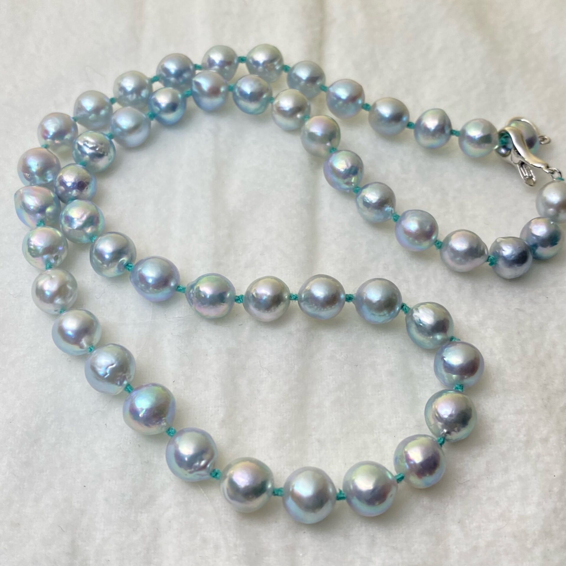 Akoya Pearl Necklace with Mint Green Thread – Hand-Knotted Style