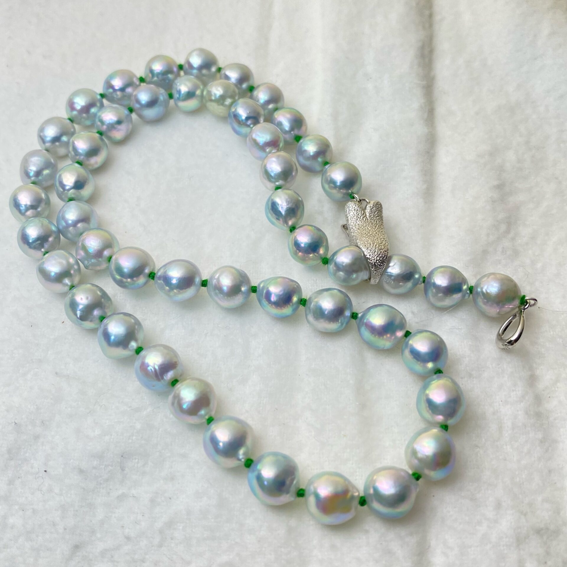 Akoya Pearl Necklace: All-Knotted with Elegant Green Thread