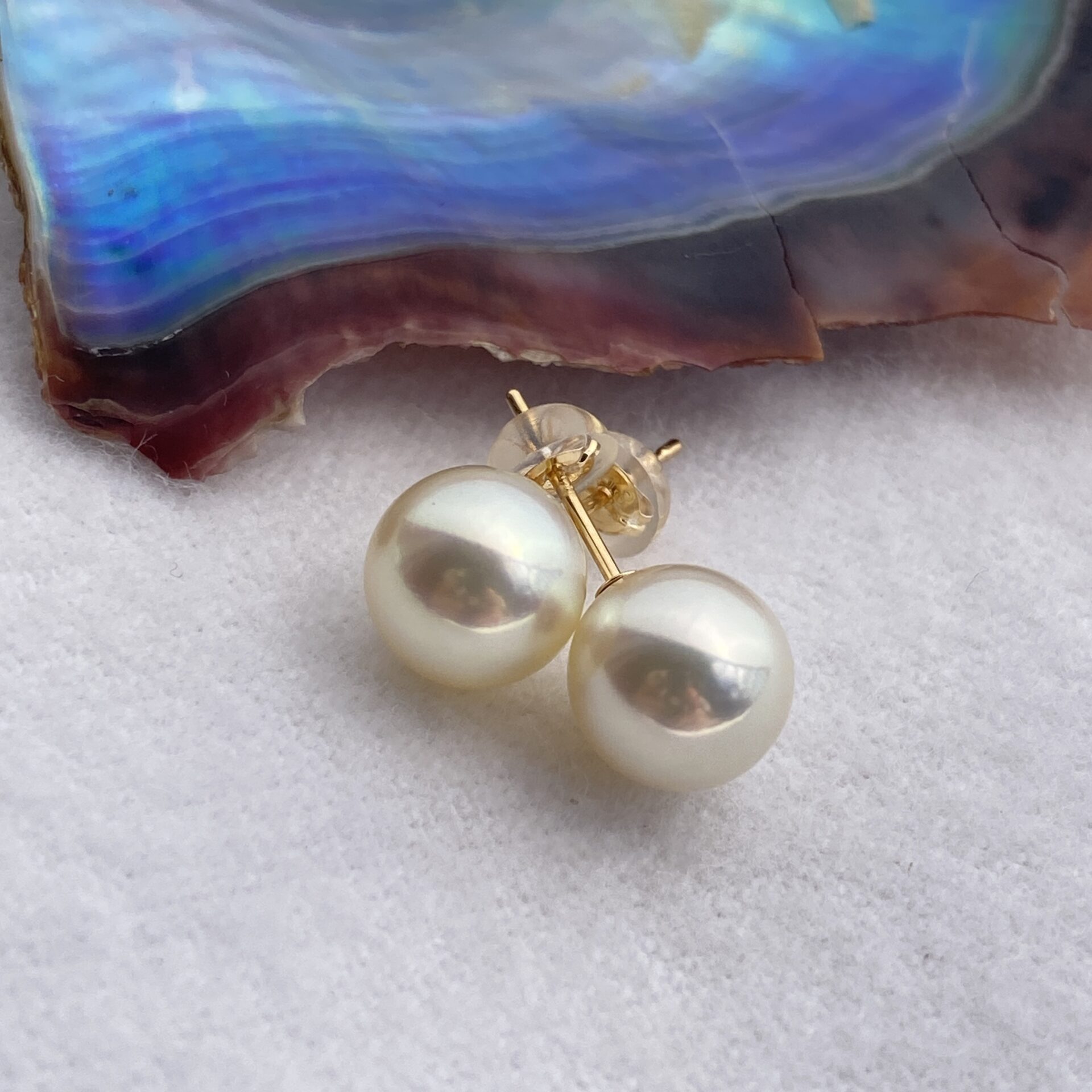 Yuyake Akoya pearl earrings beside an iridescent shell