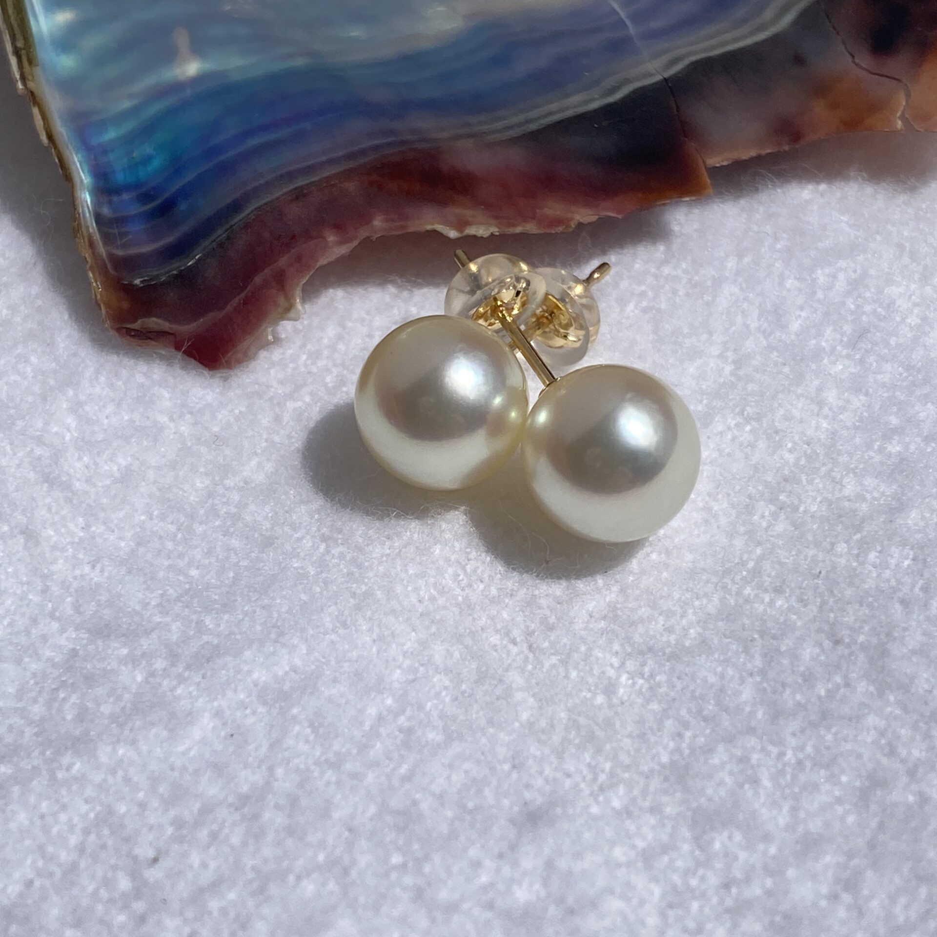 Round Akoya pearl earrings in direct light