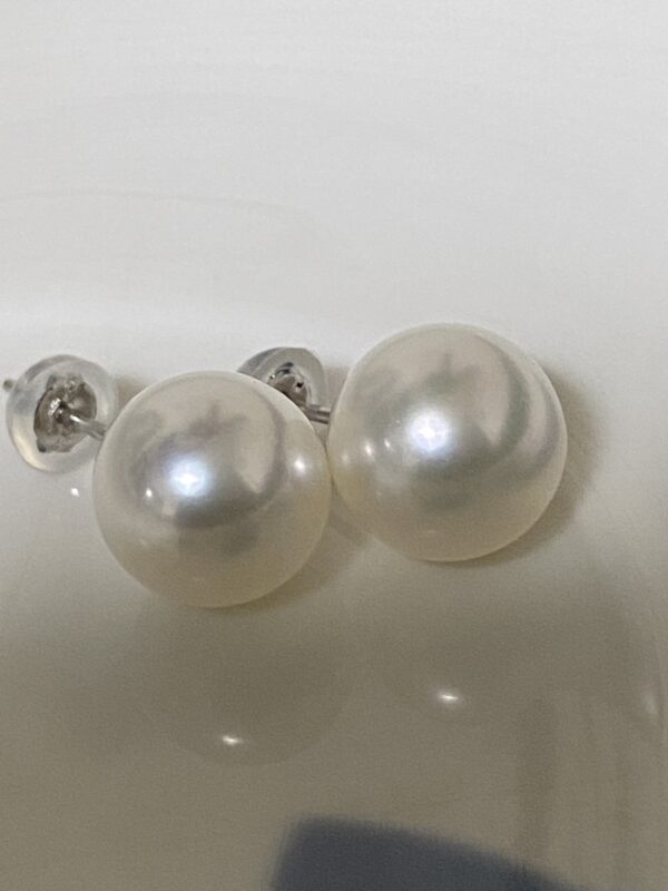Pair of non-toned Akoya pearl earrings resting on a dish