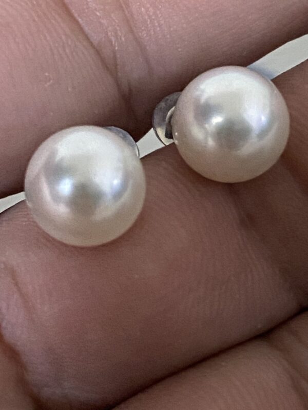 Front close-up of round natural white Akoya pearl earrings in a hand