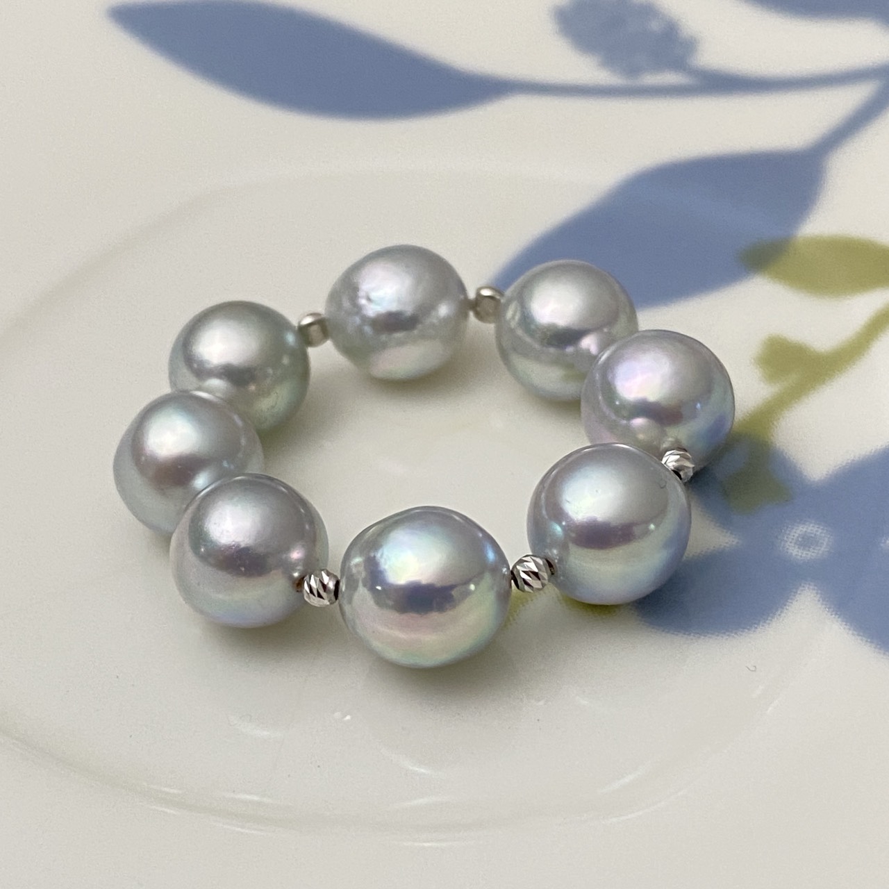 Close-up product view of the natural blue Akoya pearl statement ring